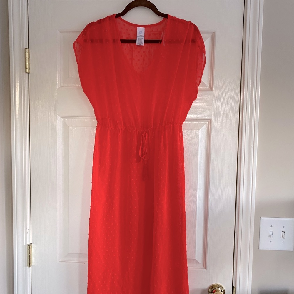 Time and Tru sheer cover-up; M; midi-length; never worn; red-orange,